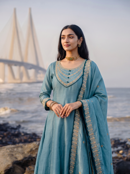 women-vichitra-silk-flared-kurta-sea-blue-gold-zari-scallop-border-bohorang