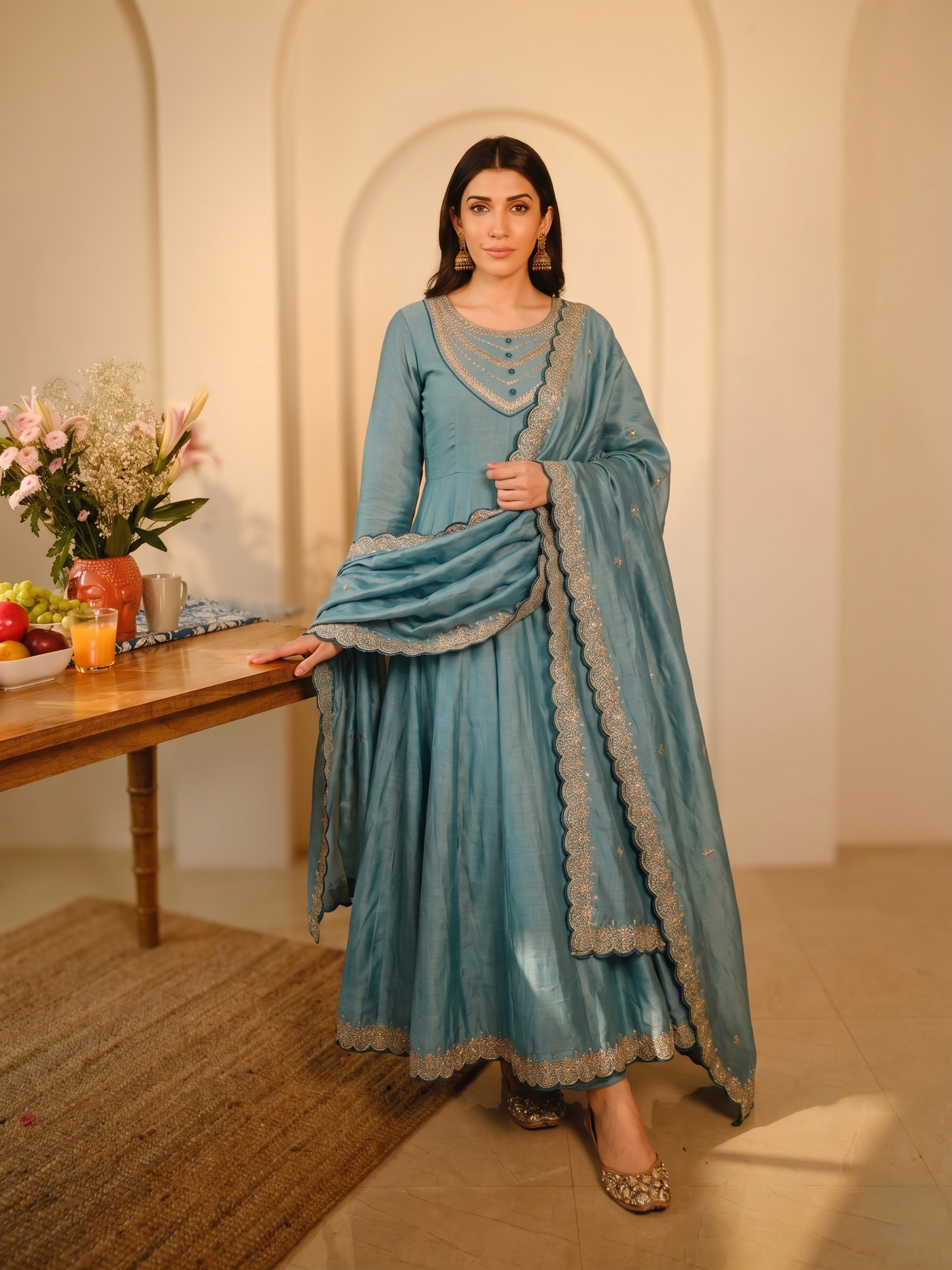 women-vichitra-silk-embroidered-flared-kurta-set-sea-blue-front-view-bohorang