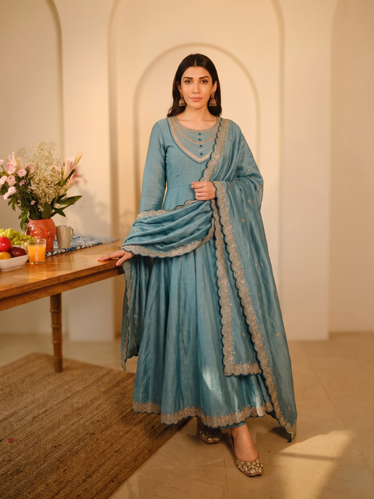 women-vichitra-silk-embroidered-flared-kurta-set-sea-blue-front-view-bohorang