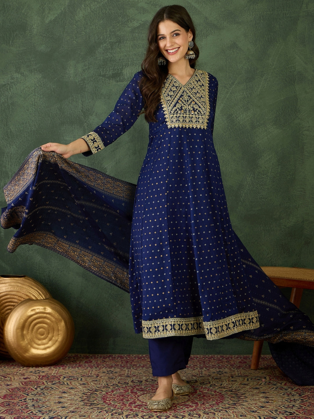 women-vichitra-silk-anarkali-kurta-pant-dupatta-navy-blue-front-view-bohorang