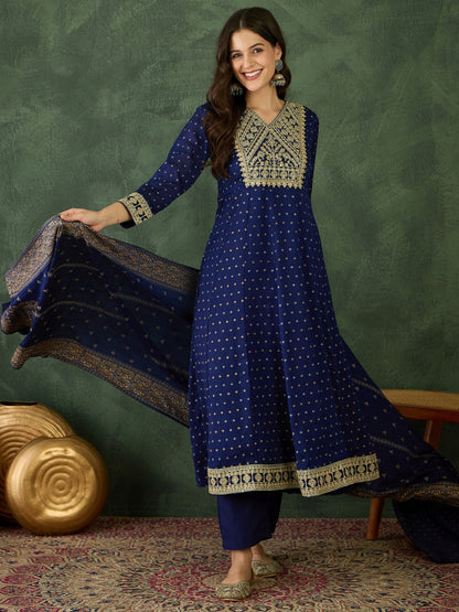 women-vichitra-silk-anarkali-kurta-pant-dupatta-navy-blue-front-view-bohorang