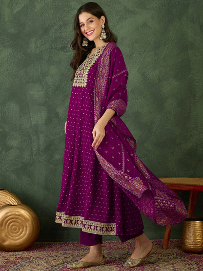 women-wine-vichitra-silk-anarkali-kurta-pant-dupatta-set-full-view-bohorang