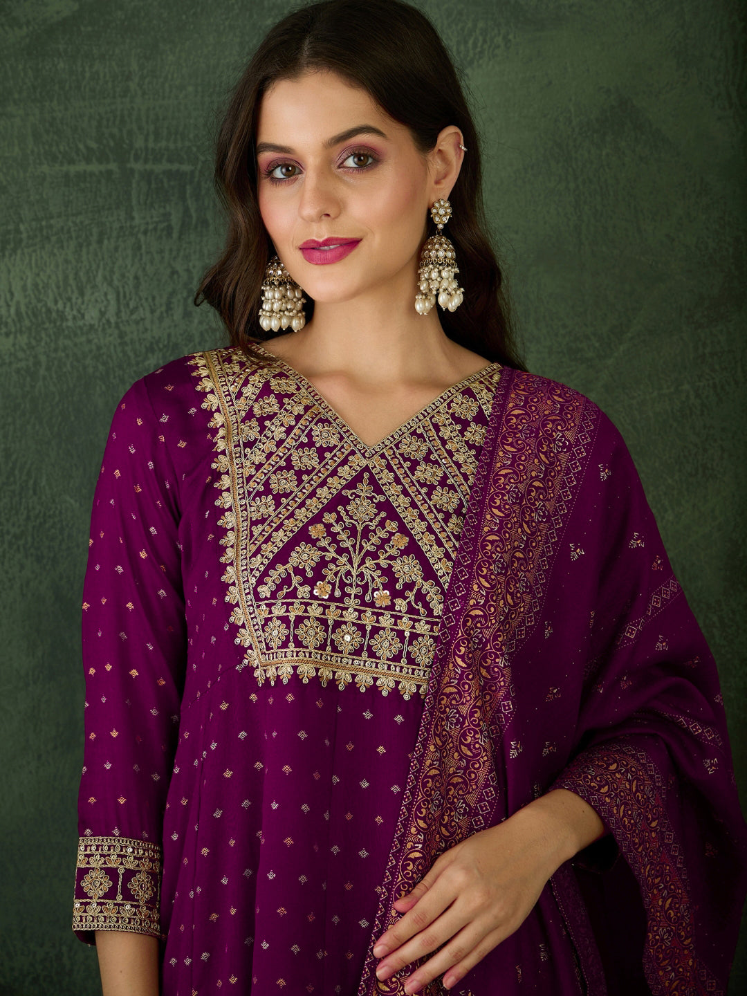 women-vichitra-silk-embroidered-anarkali-kurta-set-wine-front-view-bohorang