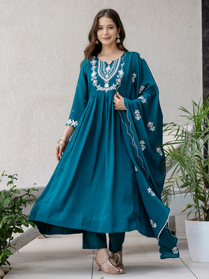 Women Ethnic Wear Chinon Kurta Pant Dupatta Set Petrol - Full Length View - Bohorang