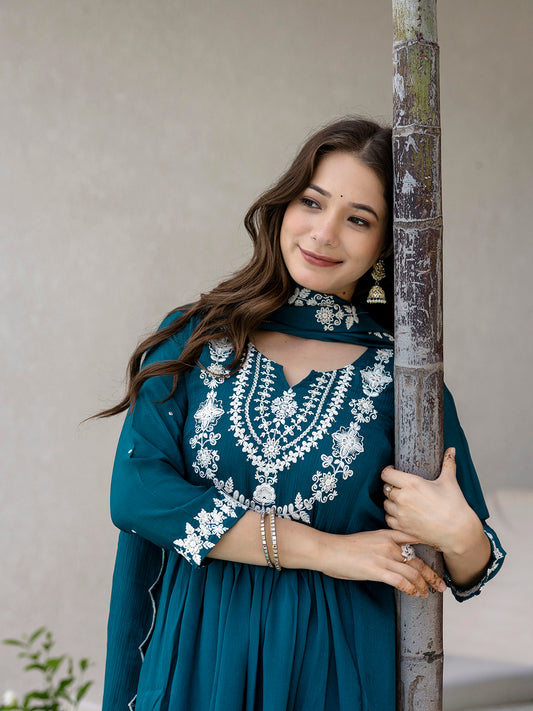 Women Chinon Embroidered Flared Kurta Set Petrol Color Front View - Bohorang