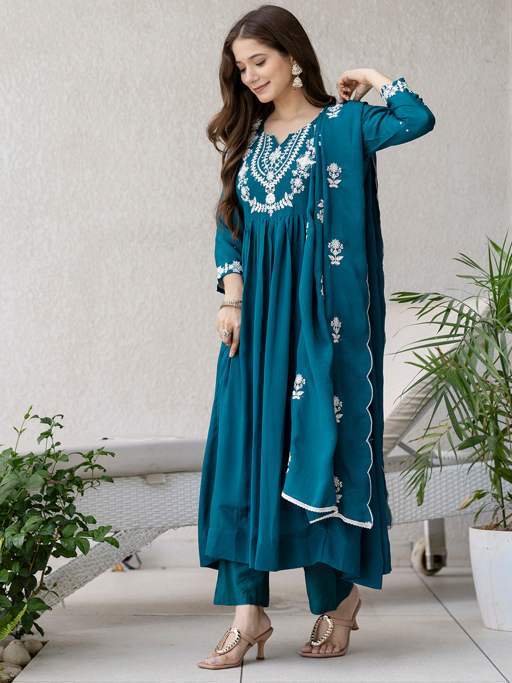 Women Chinon Embroidered Kurta with Pant Dupatta Set Petrol - Side View - Bohorang