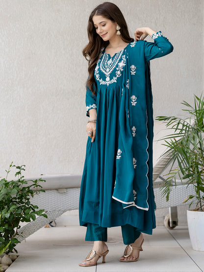 Women Chinon Embroidered Kurta with Pant Dupatta Set Petrol - Side View - Bohorang