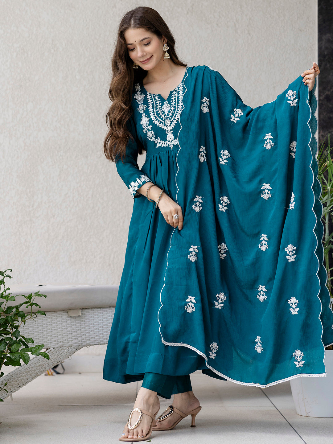 Chinon Cotton Lining Flared Kurta Set for Women Petrol Color - Back View - Bohorang