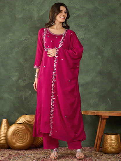 women-rani-pink-vichitra-silk-embroidered-straight-kurta-pant-dupatta-front-view-bohorang