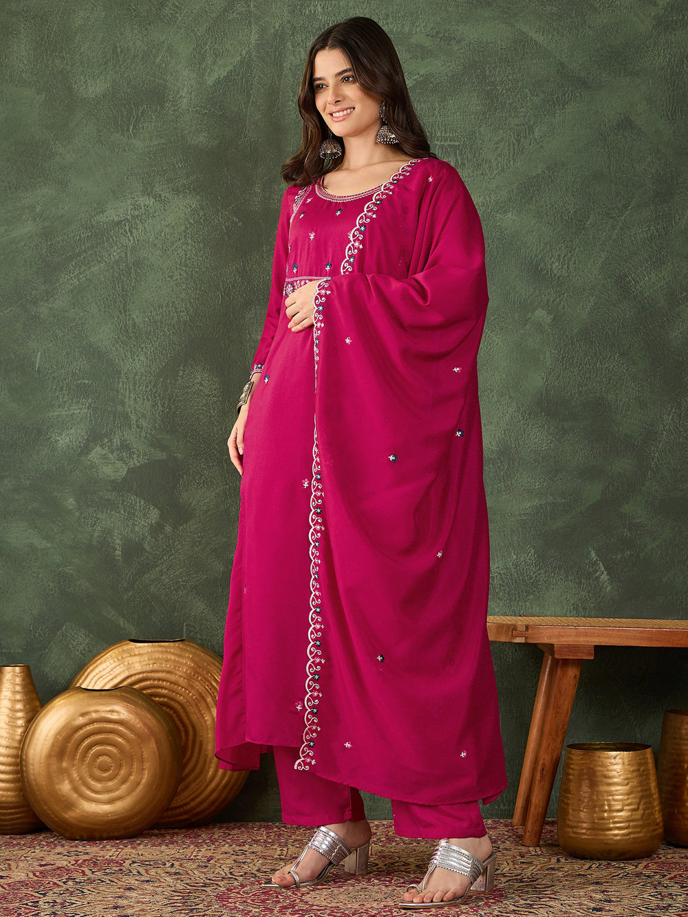 buy-women-rani-pink-vichitra-silk-straight-kurta-set-online-m-l-xl-xxl-bohorang