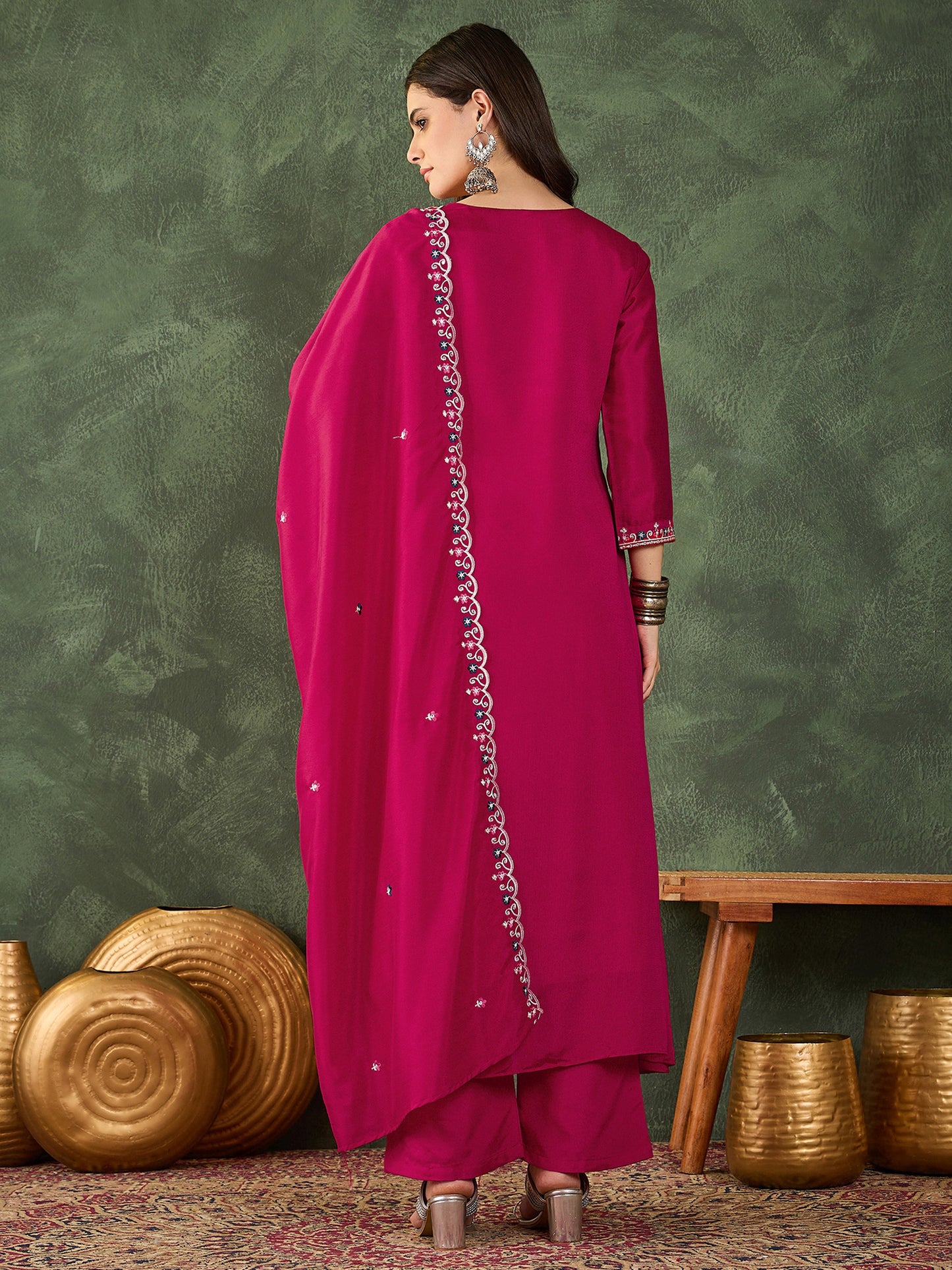 women-rani-pink-vichitra-silk-straight-kurta-set-full-length-view-bohorang