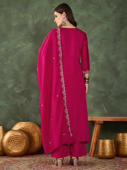 women-rani-pink-vichitra-silk-straight-kurta-set-full-length-view-bohorang
