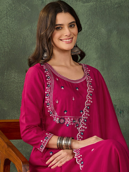 women-vichitra-silk-embroidered-straight-kurta-set-rani-pink-neckline-closeup-bohorang