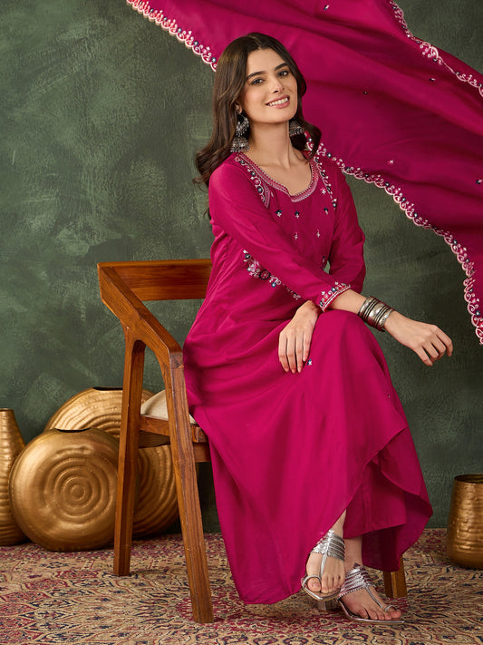 women-rani-pink-vichitra-silk-kurta-set-seated-dupatta-flying-view-bohorang