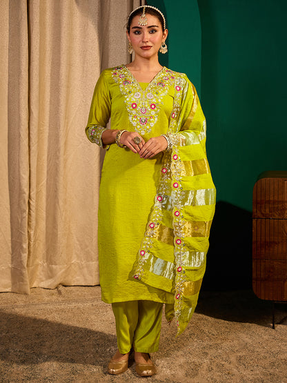 Women's Silk Blend Embroidered Straight Kurta with Pant And Dupatta Sets