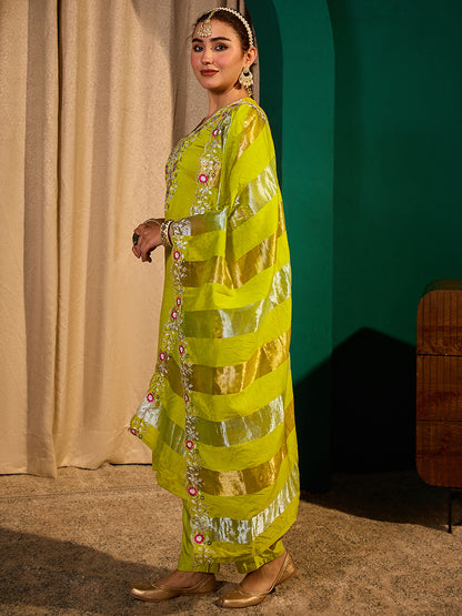 Women's Silk Blend Embroidered Straight Kurta with Pant And Dupatta Sets