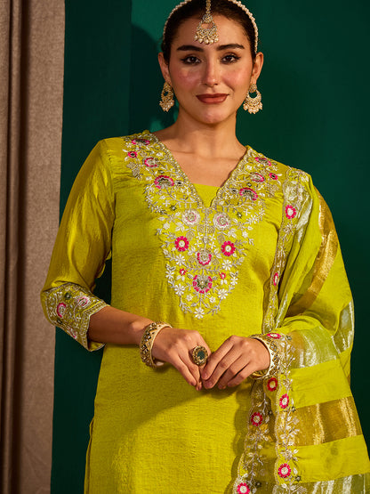 Women's Silk Blend Embroidered Straight Kurta with Pant And Dupatta Sets