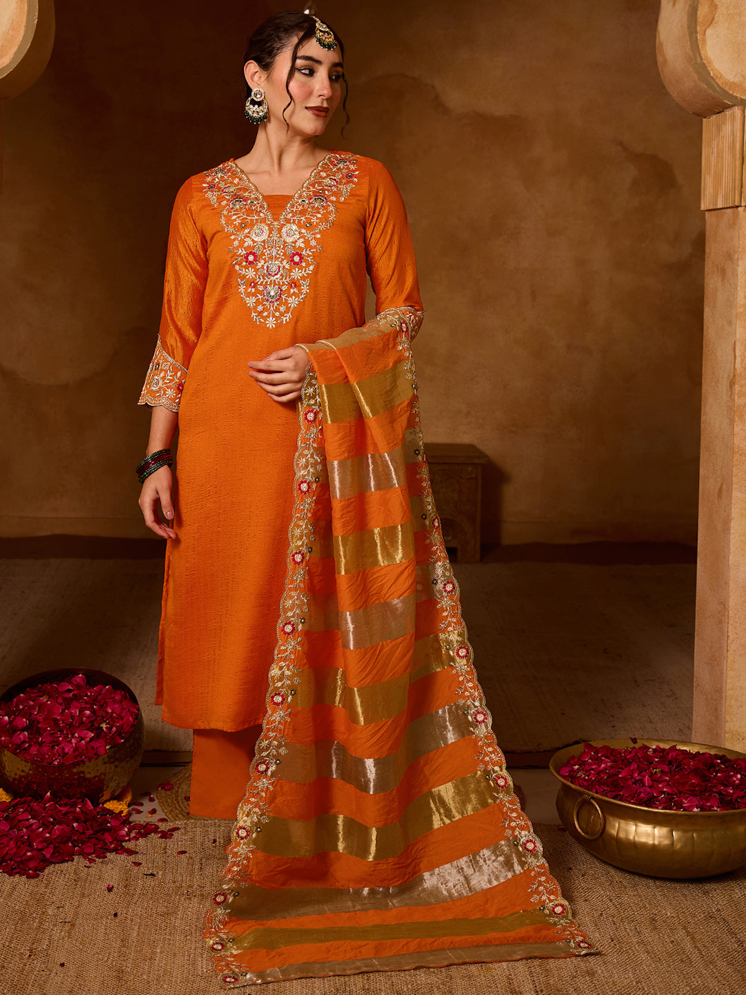 Women's Silk Blend Embroidered Straight Kurta with Pant And Dupatta Sets