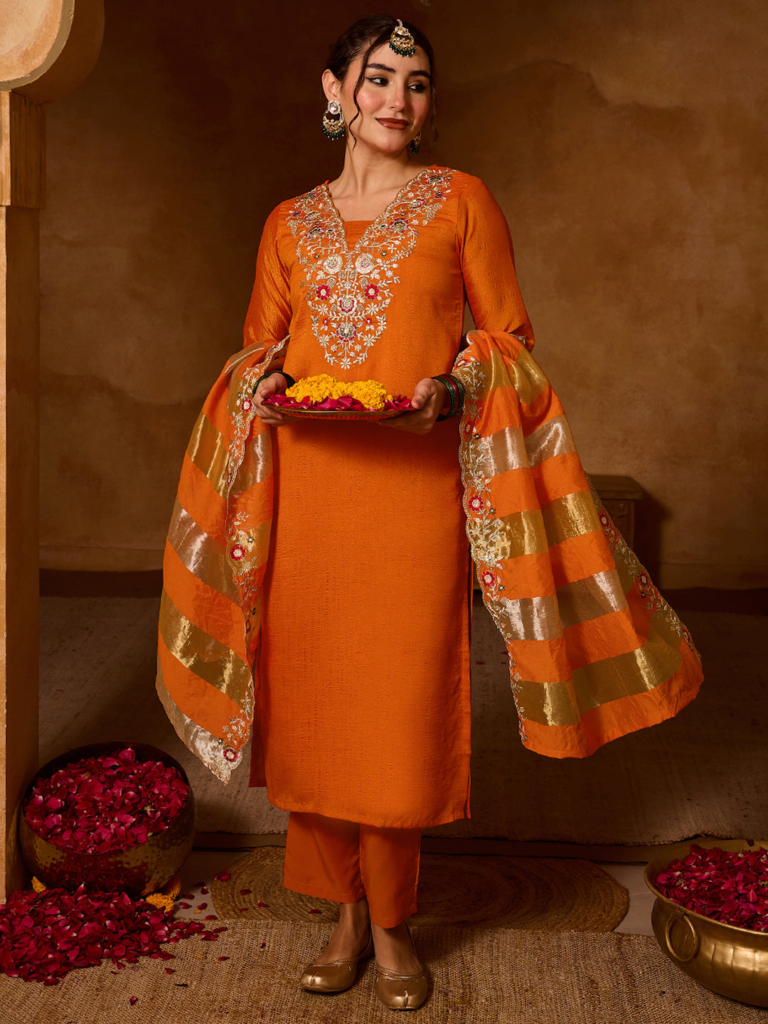 Women's Silk Blend Embroidered Straight Kurta with Pant And Dupatta Sets
