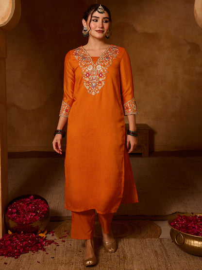Women's Silk Blend Embroidered Straight Kurta with Pant And Dupatta Sets