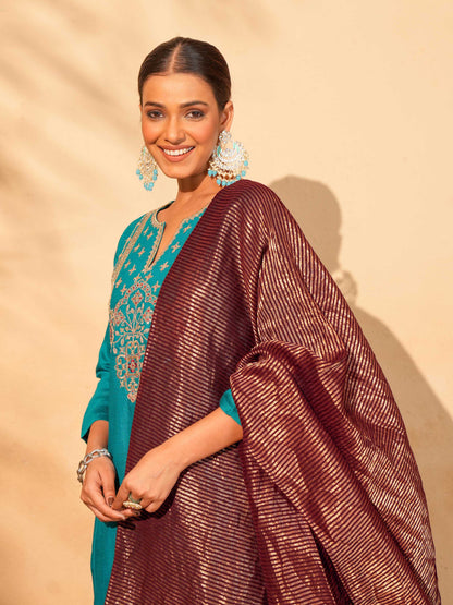 Women's Silk Slub Embroidered Kurta Set with Pant And Dupatta Sets