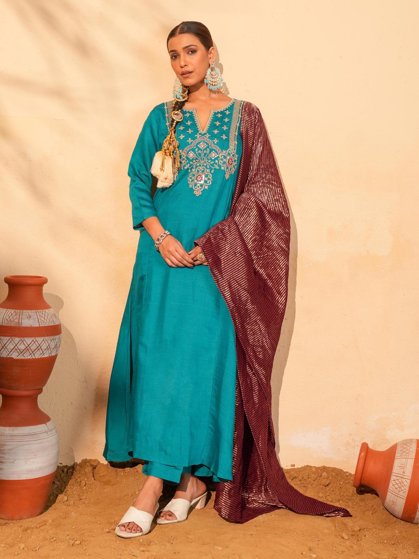 Women's Silk Slub Embroidered Kurta Set with Pant And Dupatta Sets