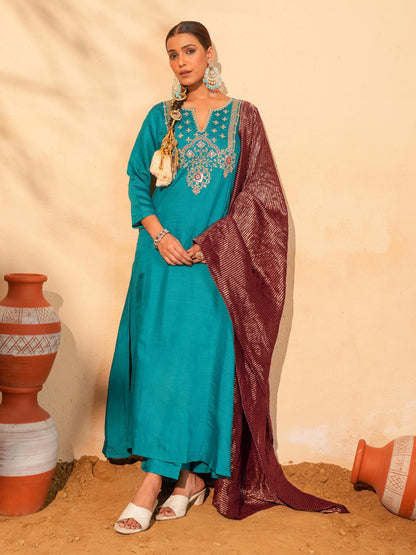 Women's Silk Slub Embroidered Kurta Set with Pant And Dupatta Sets