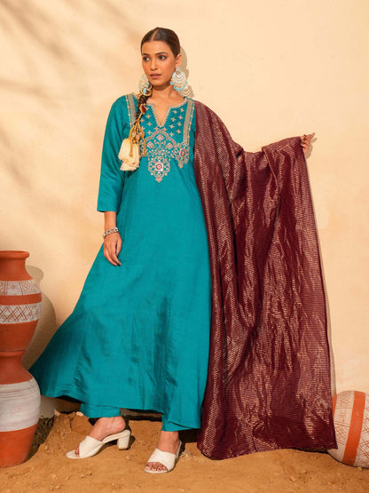Women's Silk Slub Embroidered Kurta Set with Pant And Dupatta Sets