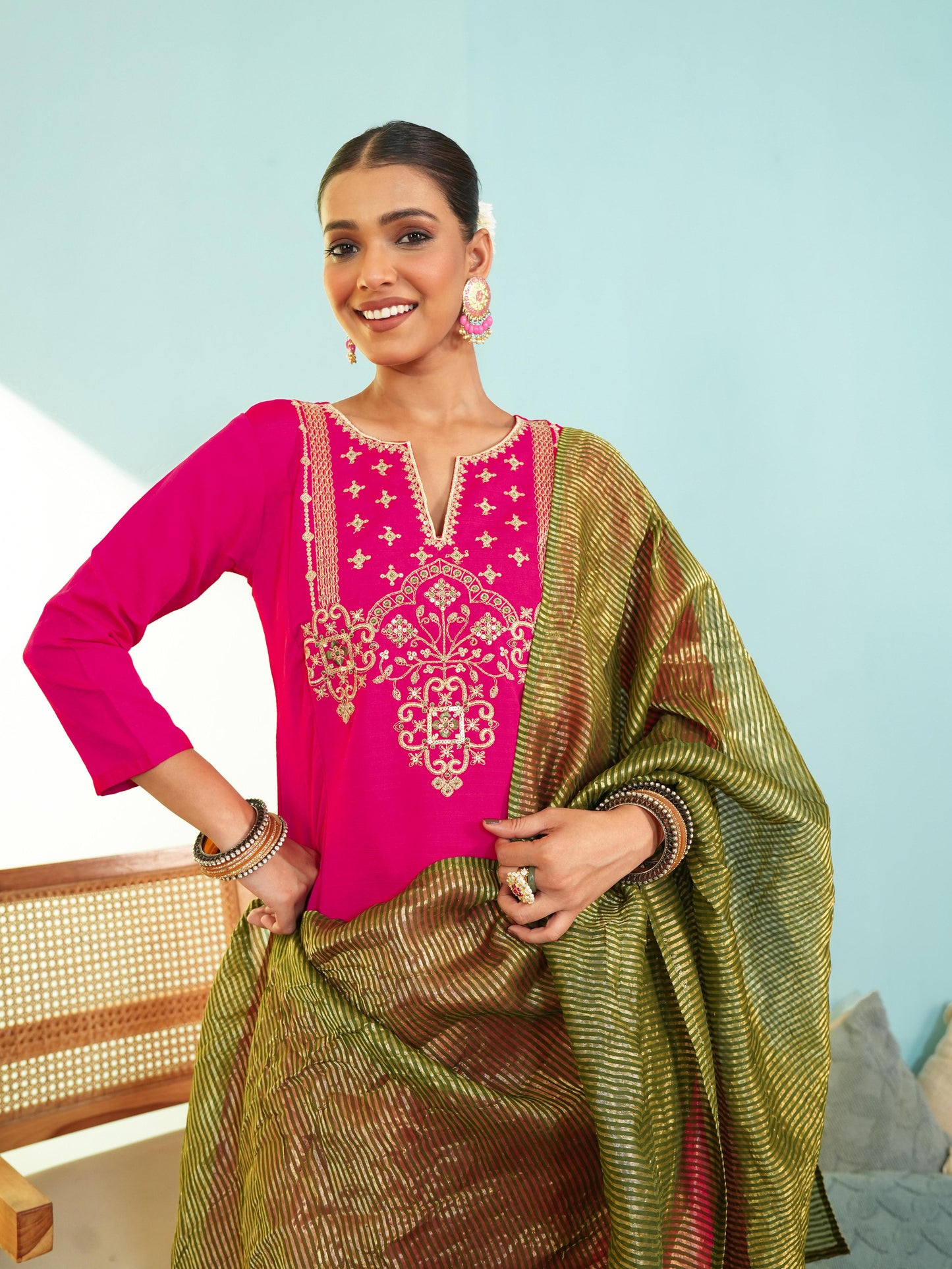 Women's Silk Slub Embroidered Kurta Set with Pant And Dupatta Sets