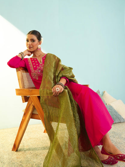 Women's Silk Slub Embroidered Kurta Set with Pant And Dupatta Sets