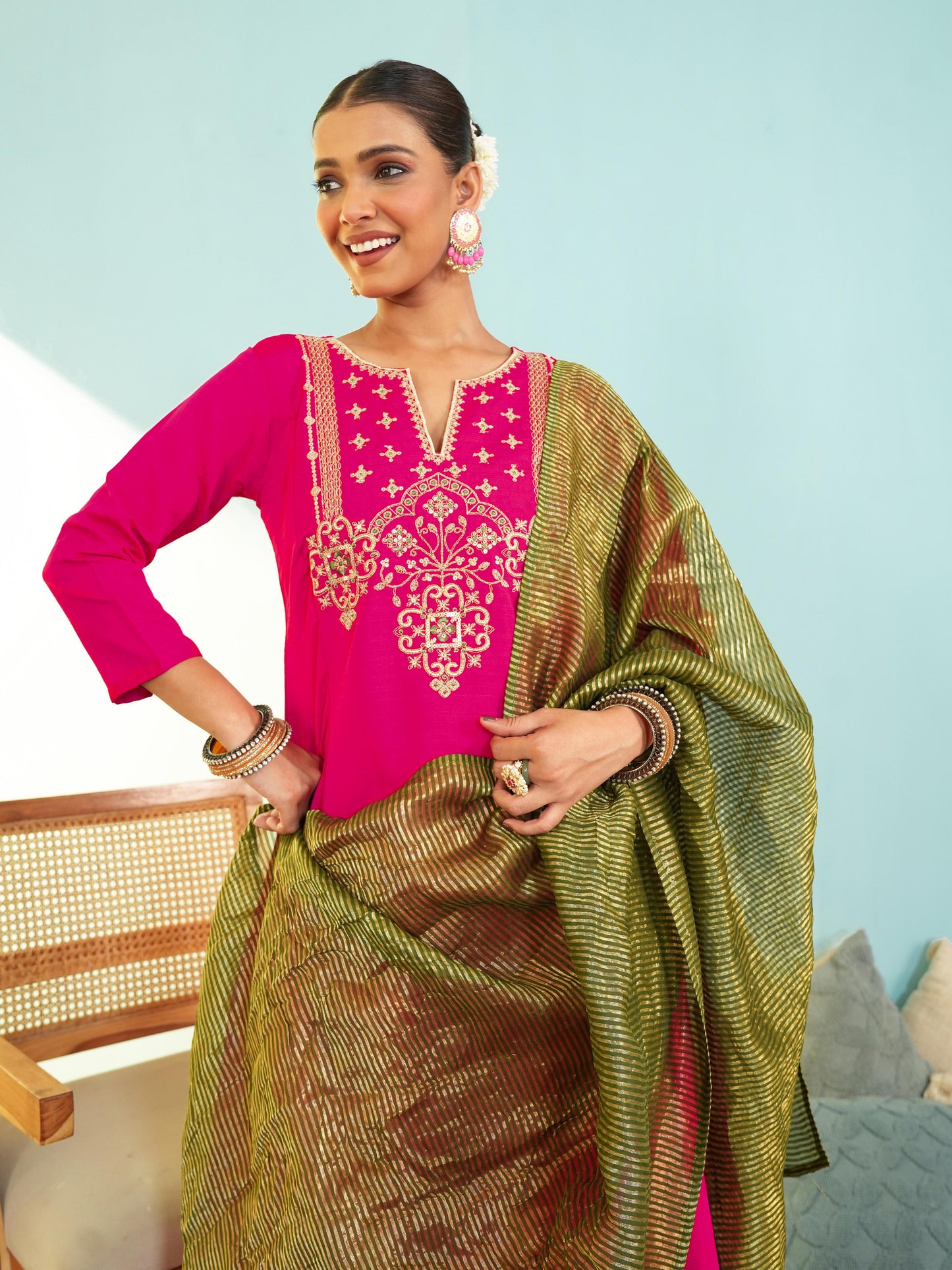 Women's Silk Slub Embroidered Kurta Set with Pant And Dupatta Sets