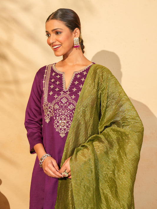 Women's Silk Slub Embroidered Kurta Set with Pant And Dupatta Sets