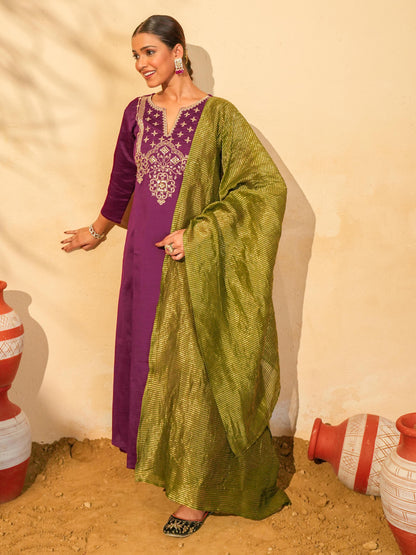 Women's Silk Slub Embroidered Kurta Set with Pant And Dupatta Sets