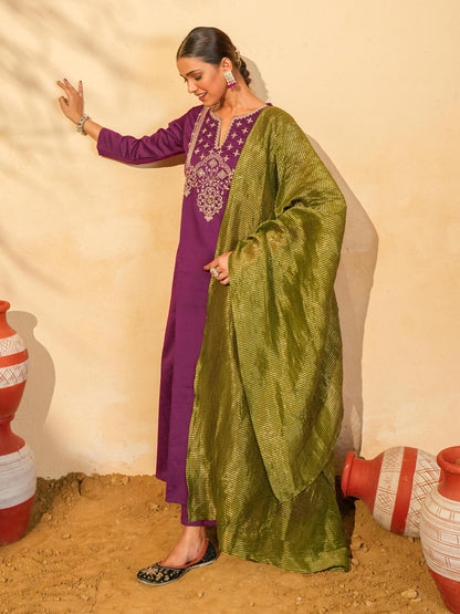 Women's Silk Slub Embroidered Kurta Set with Pant And Dupatta Sets