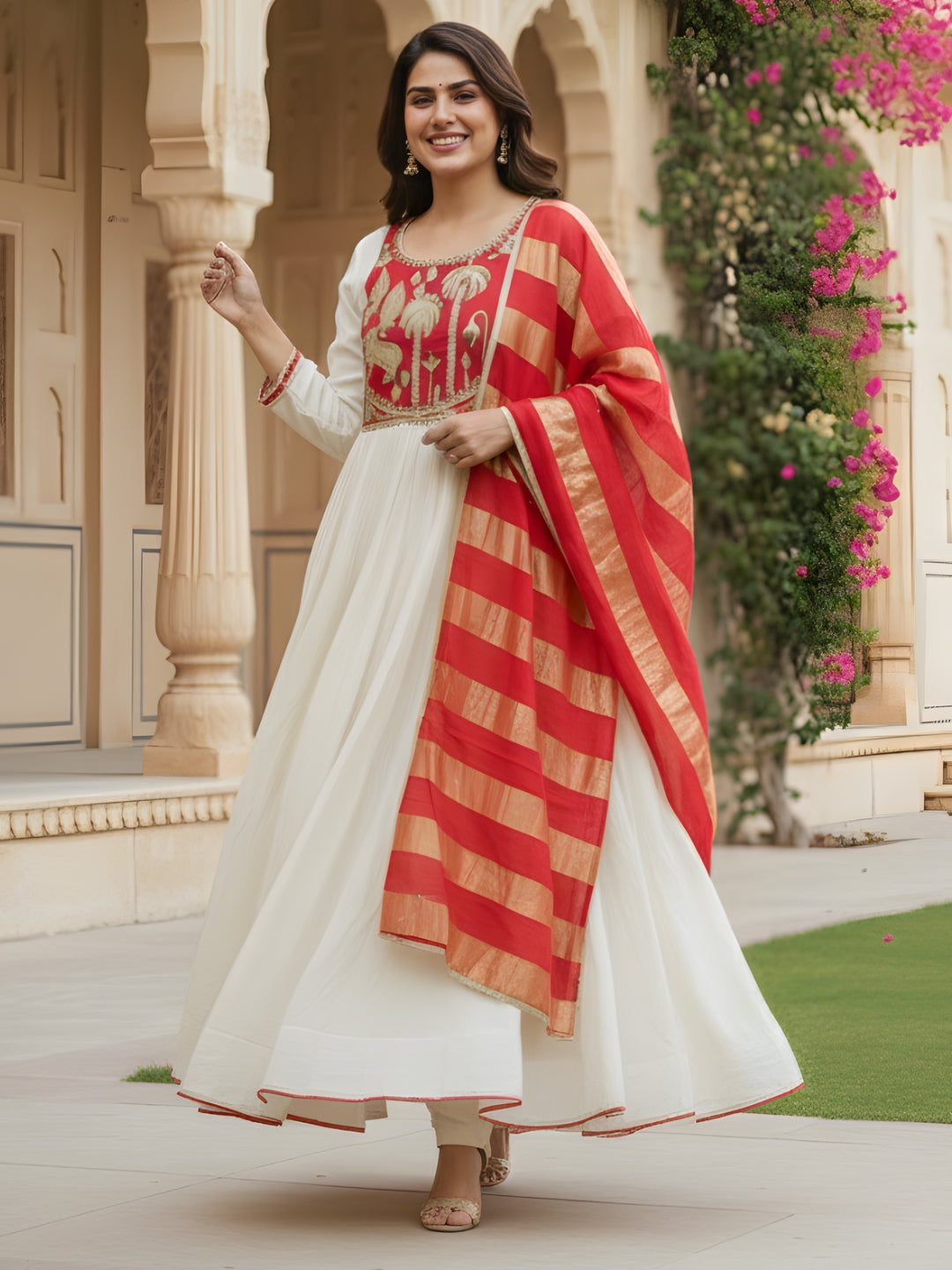 Silk Embroidered Anarkali Kurta Set White Red Jacquard Dupatta Festive Wear - Bohorang