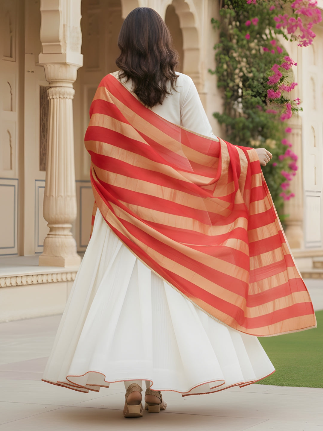 Women Ethnic Silk Anarkali Kurta Pant Dupatta Set White Red Back View - Bohorang