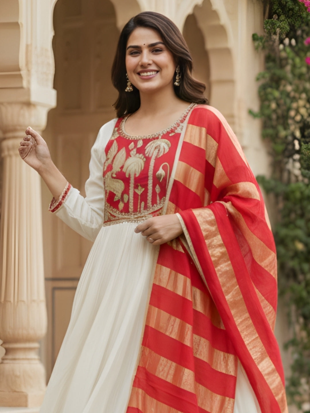 Women Silk Anarkali Kurta with Pant Red Jacquard Dupatta Set Full View - Bohorang