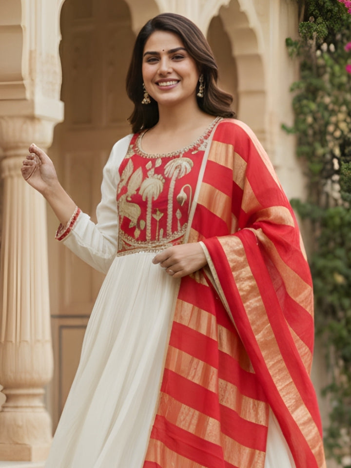 Women Silk Anarkali Kurta with Pant Red Jacquard Dupatta Set Full View - Bohorang