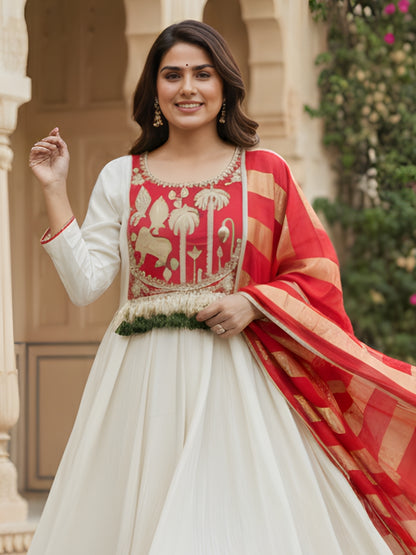 Buy Women Silk Embroidered Anarkali Set Online White Red S M L XL XXL 3XL 4XL 5XL - Bohorang