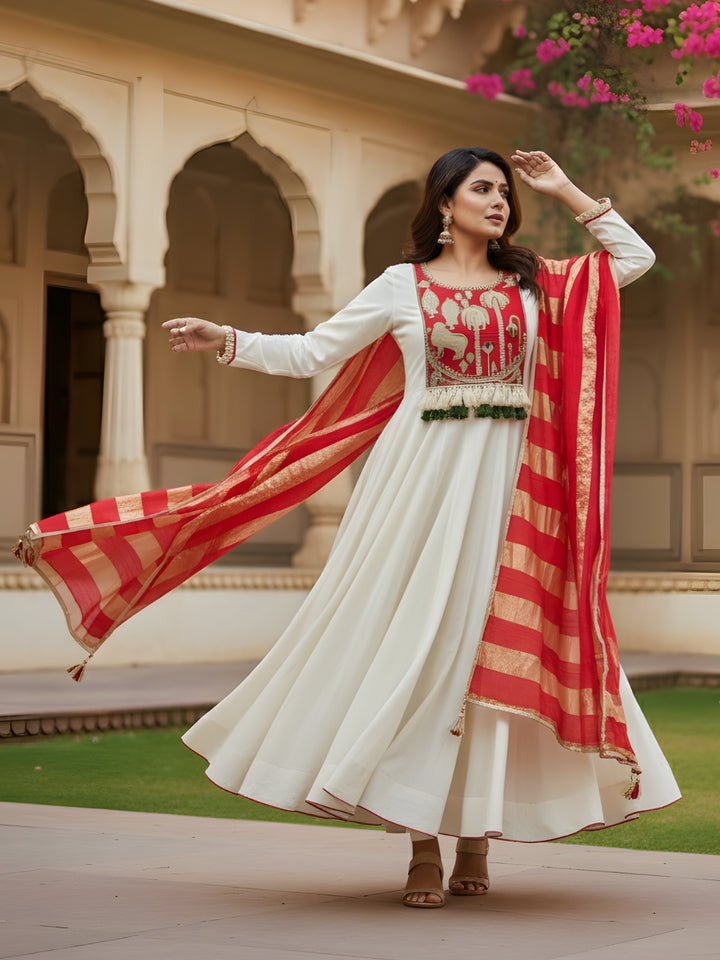 Women Silk Embroidered Anarkali Flared Kurta Set White Red Front View - Bohorang