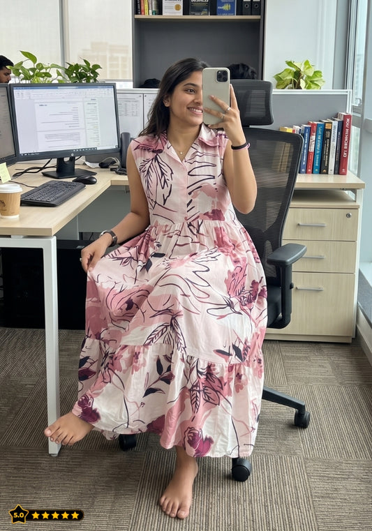 Pink Blossom Floral Printed Sleeveless Maxi Dress for Women