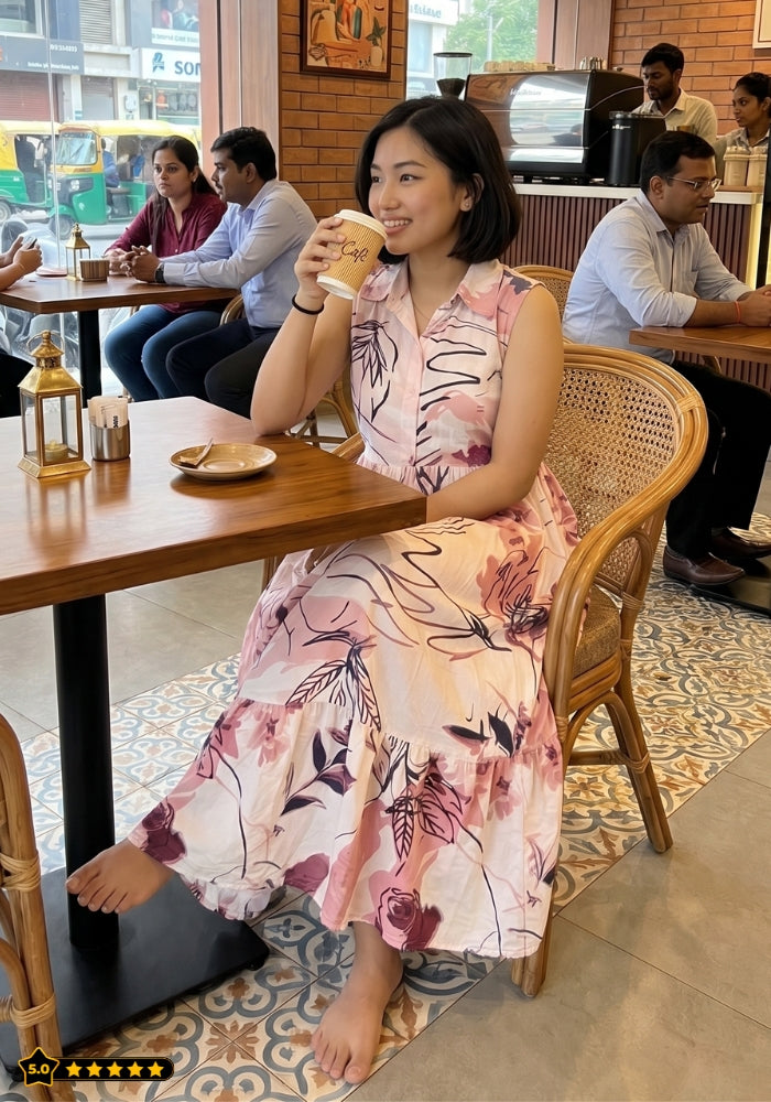Pink Blossom Floral Printed Sleeveless Maxi Dress for Women
