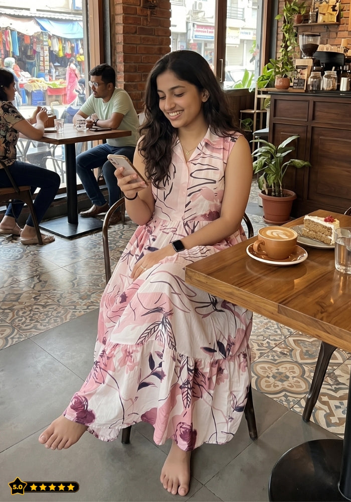 Pink Blossom Floral Printed Sleeveless Maxi Dress for Women