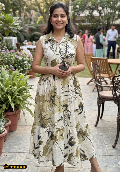 Beige Earth Floral Printed Sleeveless Maxi Dress for Women