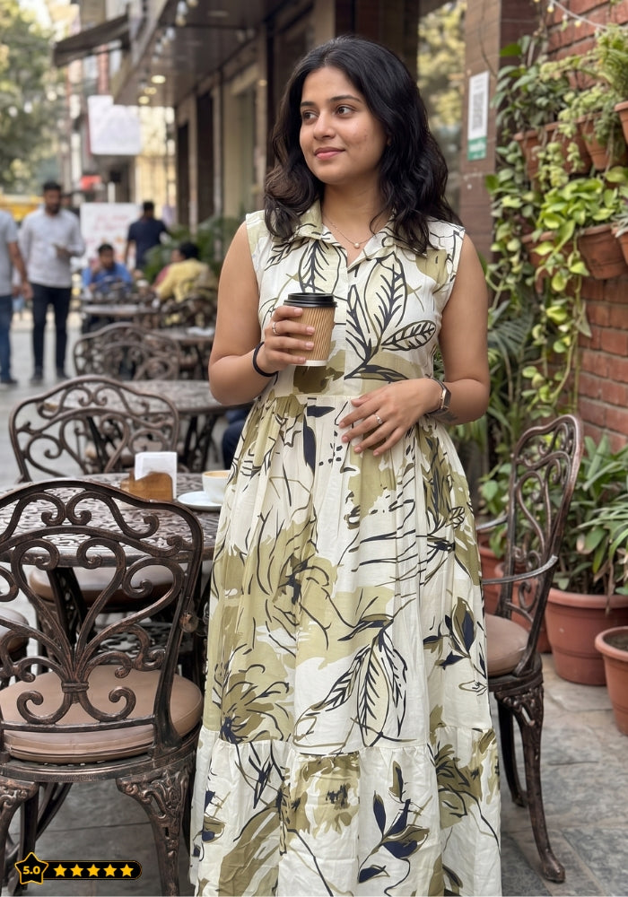 Beige Earth Floral Printed Sleeveless Maxi Dress for Women