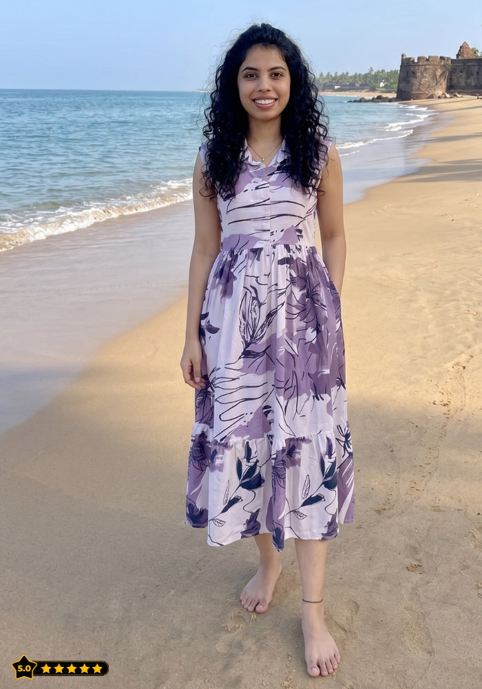 Lavender Bloom Floral Printed Sleeveless Maxi Dress for Women