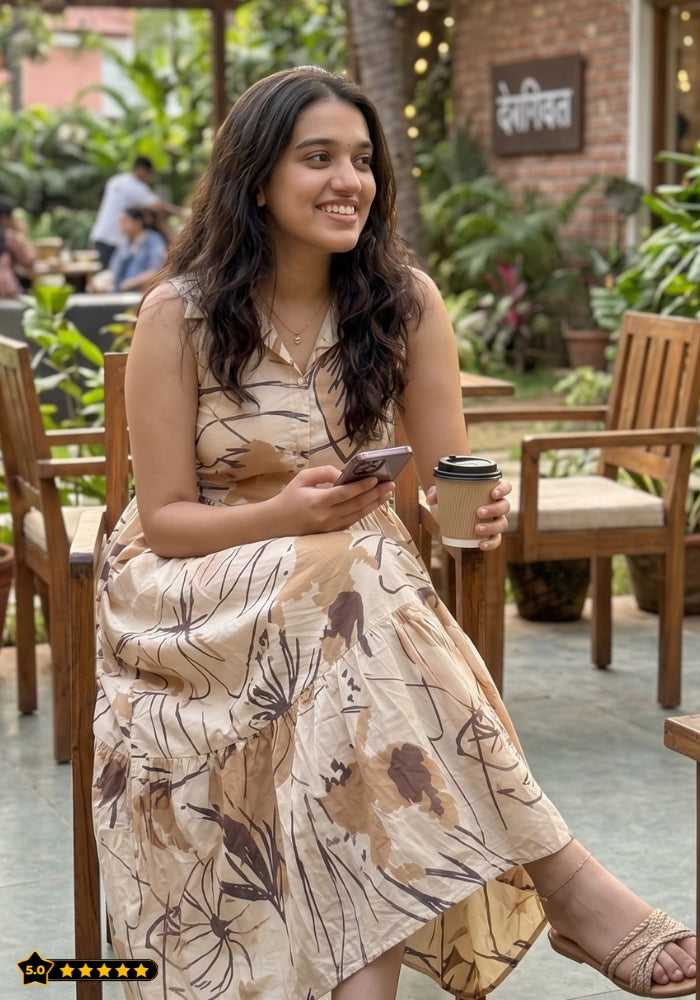 Olive Botanical Floral Printed Sleeveless Maxi Dress for Women