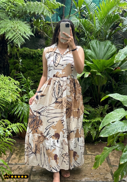 Olive Botanical Floral Printed Sleeveless Maxi Dress for Women
