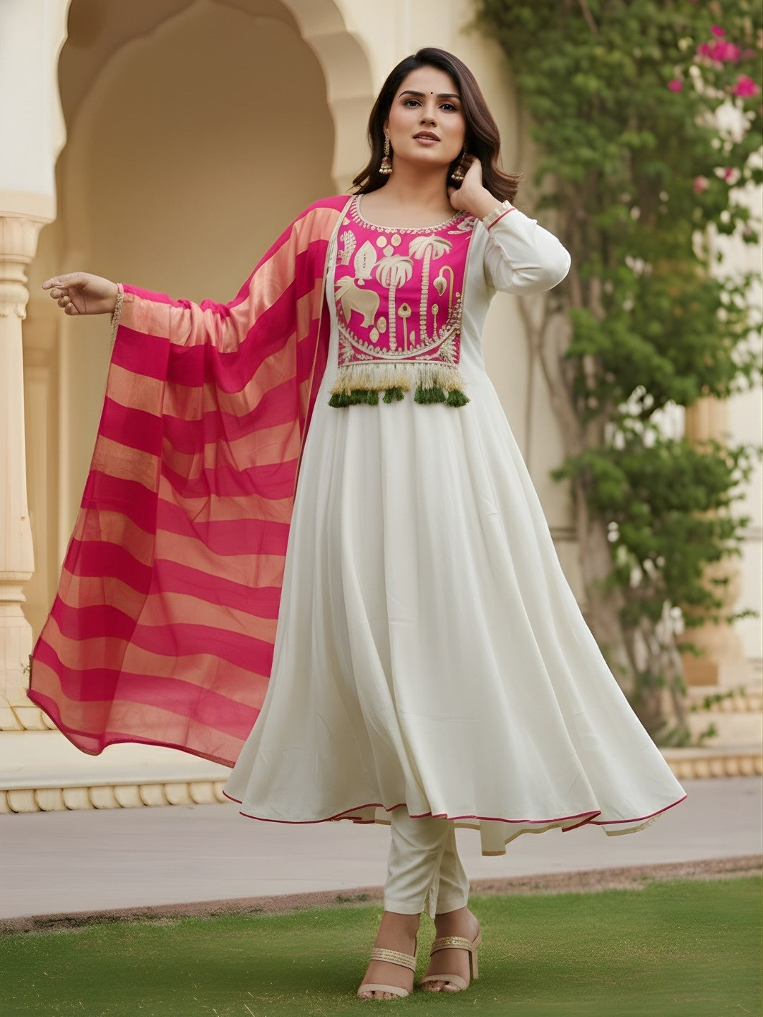 Women Silk Embroidered Anarkali Flared Kurta Set White Pink Front View - Bohorang