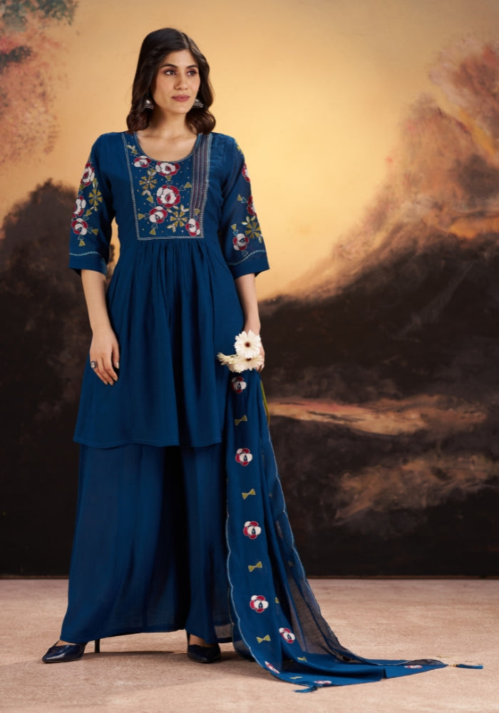 Fabric and embroidery detail of Blue Loop festive kurta set